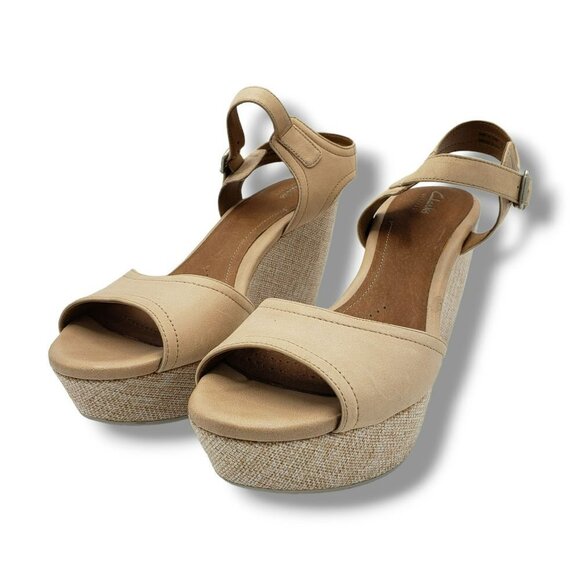 Clarks Artisan Nadene Lola Wedge Sandals Womens 11 Beige Leather - Picture 4 of 9